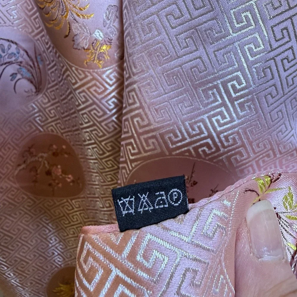 Handmade 100% Silk Floral Fringe Rectangle Scarf Pink/Gold 72x23 Women